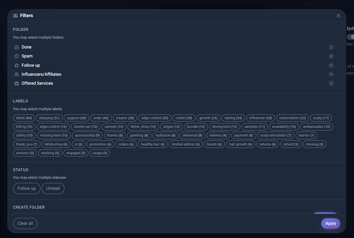 SmartReply filters panel showing custom folders, AI labels, and status filters
