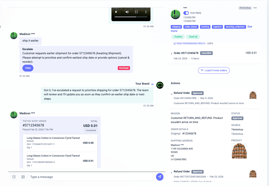 Conversation with escalation, order details, and approved refund action