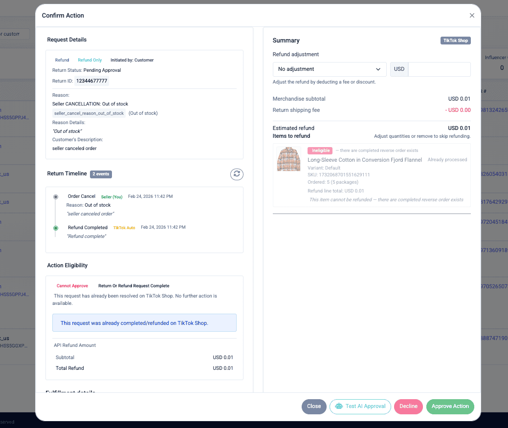 Confirm action dialog showing request details, return timeline, and refund summary