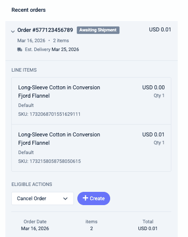 Order details with eligible actions in the conversation sidebar