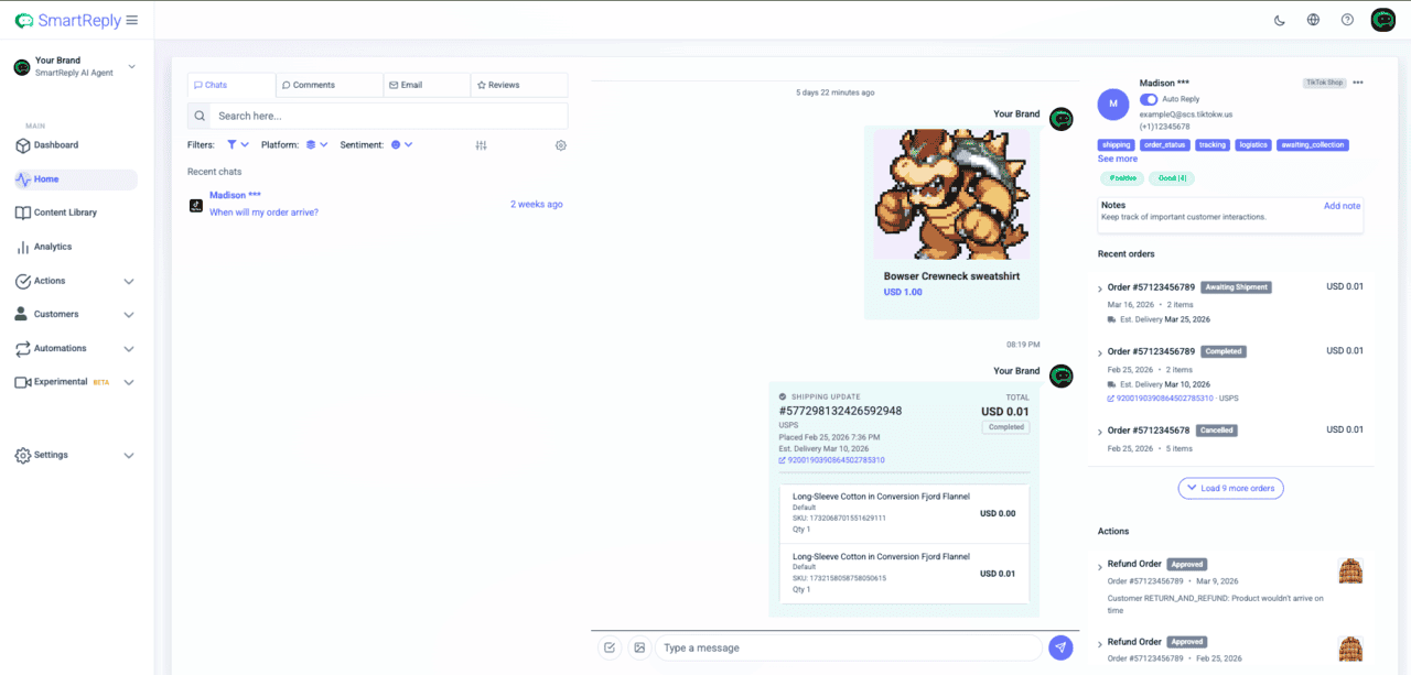 SmartReply conversation view showing TikTok Shop message cards with product, order, and logistics details