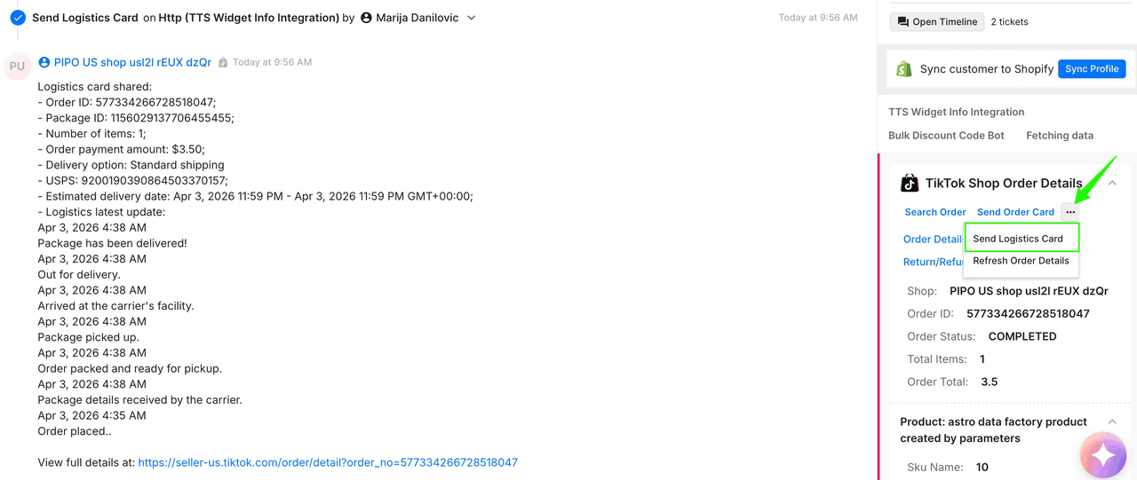 Gorgias TikTok Shop message card screenshot 2